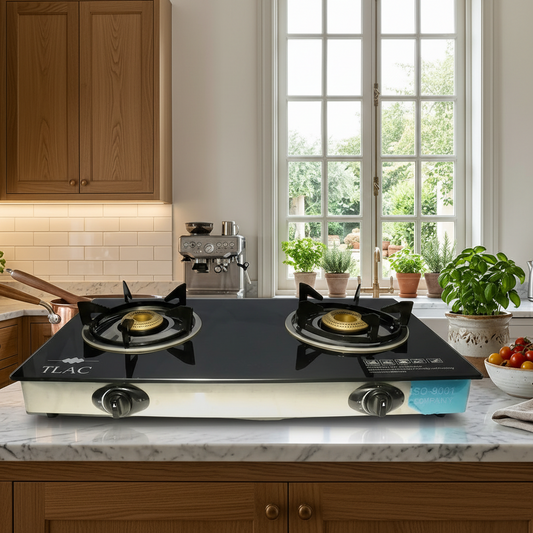 TLAC black glass top 2 burner gas stove with auto ignition for modern kitchen cooking. 