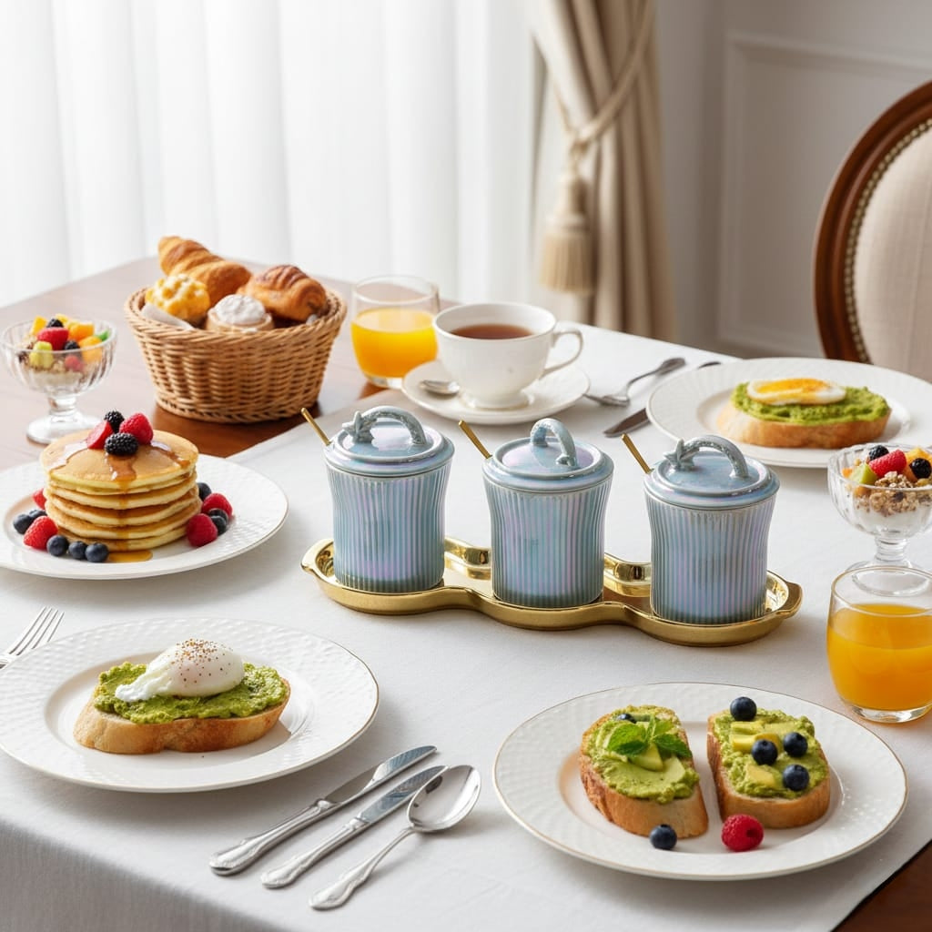 3-Piece Ceramic Spice & Condiment Jars With Gold Tray