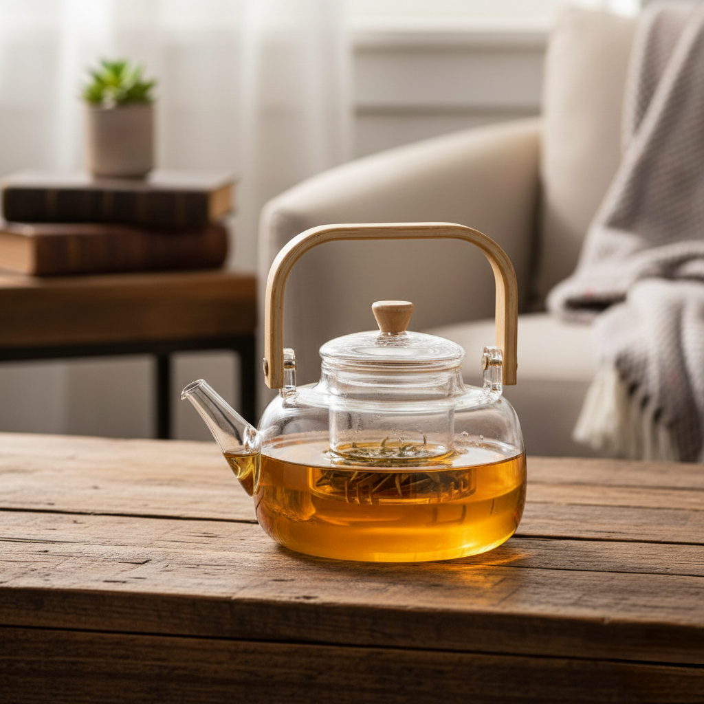 1.4 litre High Borosilicate glass teapot suitable for open flame use.