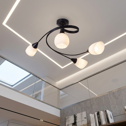 4 Light ceiling fixture with tulip shaped white glass globes and black metal frame for modern lighting