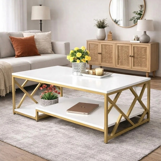 Elegant coffee table with white MDF top and shelves, supported by gold legs, modern living room furniture. 