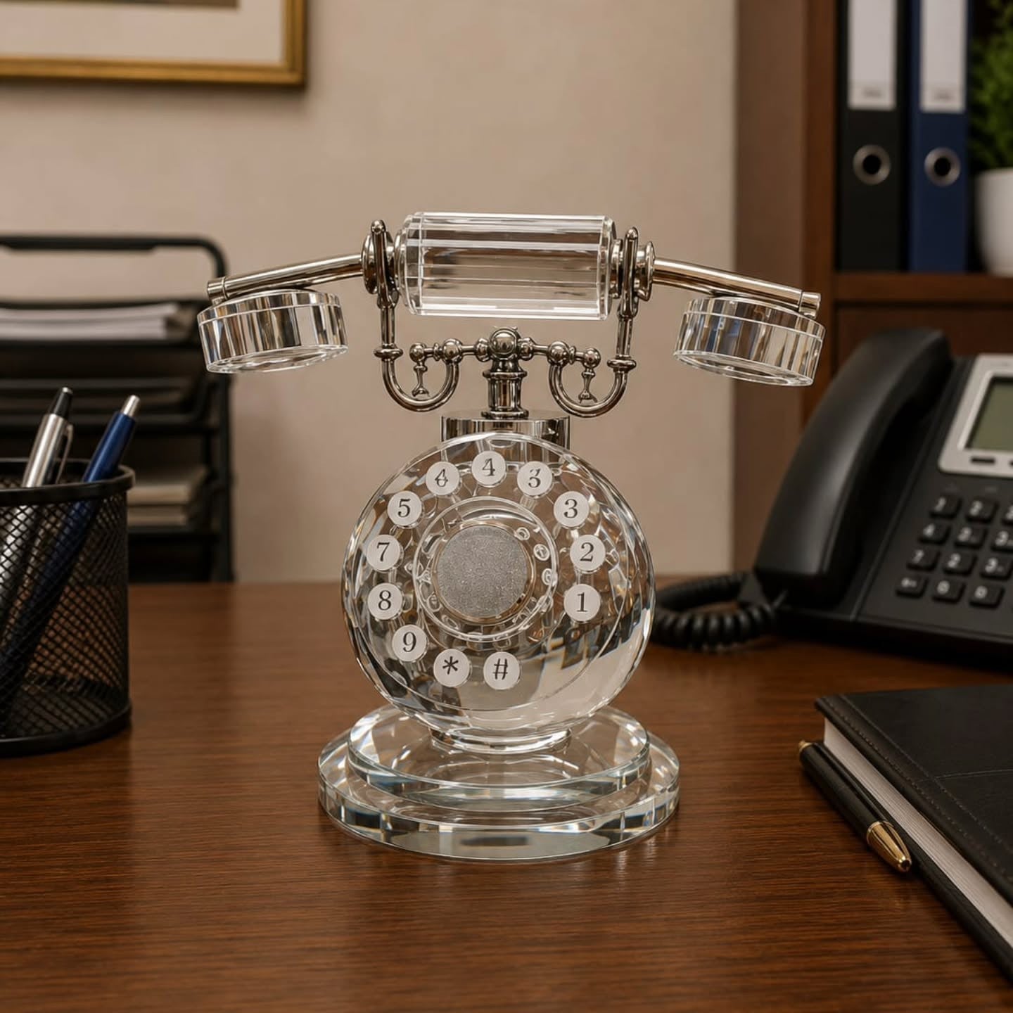Retro crystal desktop telephone ornament with vintage inspired design for home, office, shelf, and console décor.