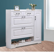 Modern bucket flip shoe cabinet with slim space saving design for hallways and entryways