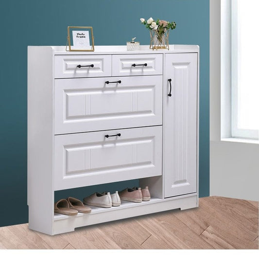 Modern bucket flip shoe cabinet with slim space saving design for hallways and entryways
