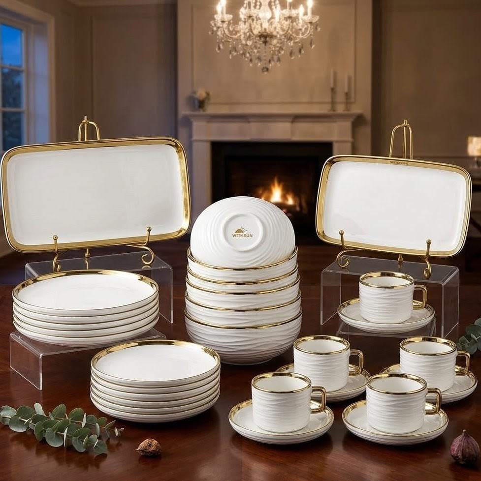 32pc luxury ceramic dinner set with white and gold ring design including plates, mugs, and bowls. 🍽️✨