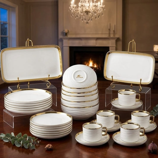 32pc luxury ceramic dinner set with white and gold ring design including plates, mugs, and bowls. 🍽️✨
