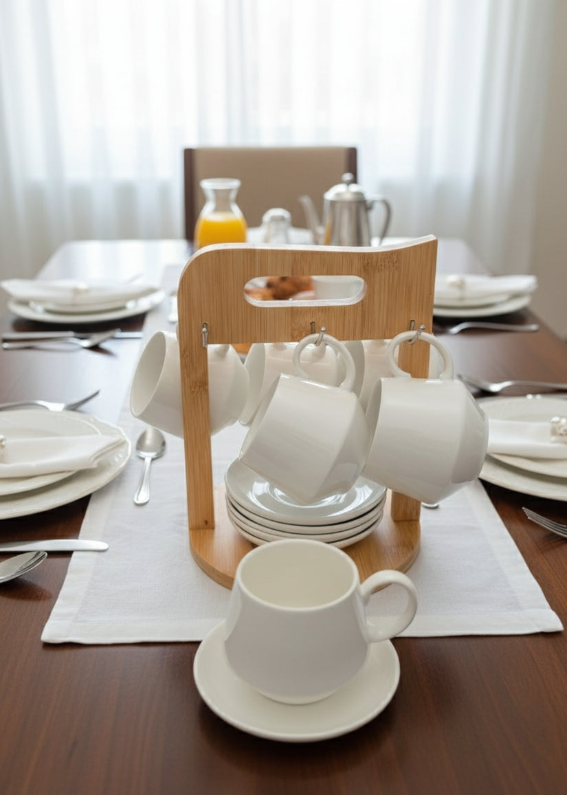 12 Pieces Cappuccino cup set with bamboo stand and matching saucers.
