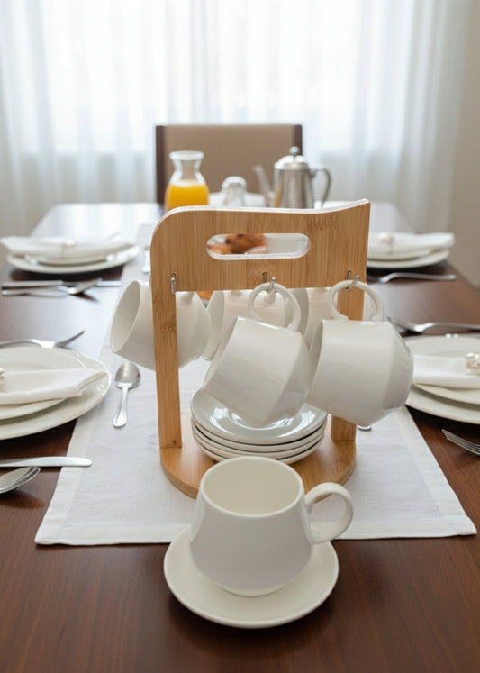 12 Pieces Cappuccino cup set with bamboo stand and matching saucers.
