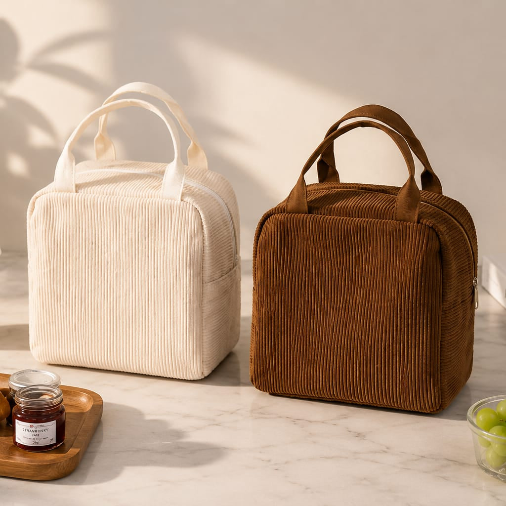 Corduroy insulated lunch bag with sturdy handles and zipper closure, available in cream white and brown for carrying meals, snacks, and drinks.