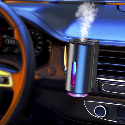 Grey Intelligent Car Aroma Diffuser with 3 refill bottles and USB cable.