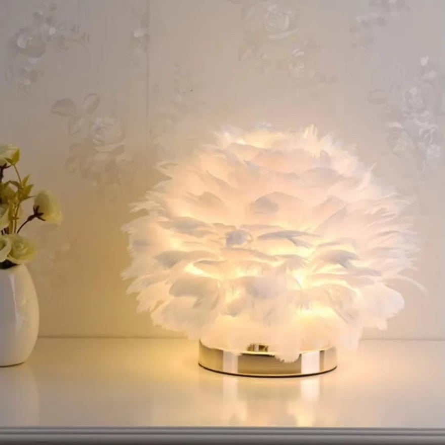 feather lampshade bedside table lamp with soft ambient light