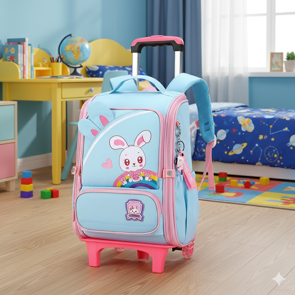 Waterproof trolley school bag with wheels in multiple colors.