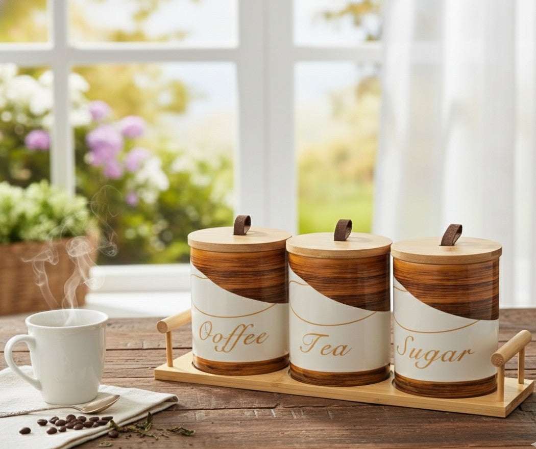 3Pc Ceramic Canisters Set with Bamboo Stand