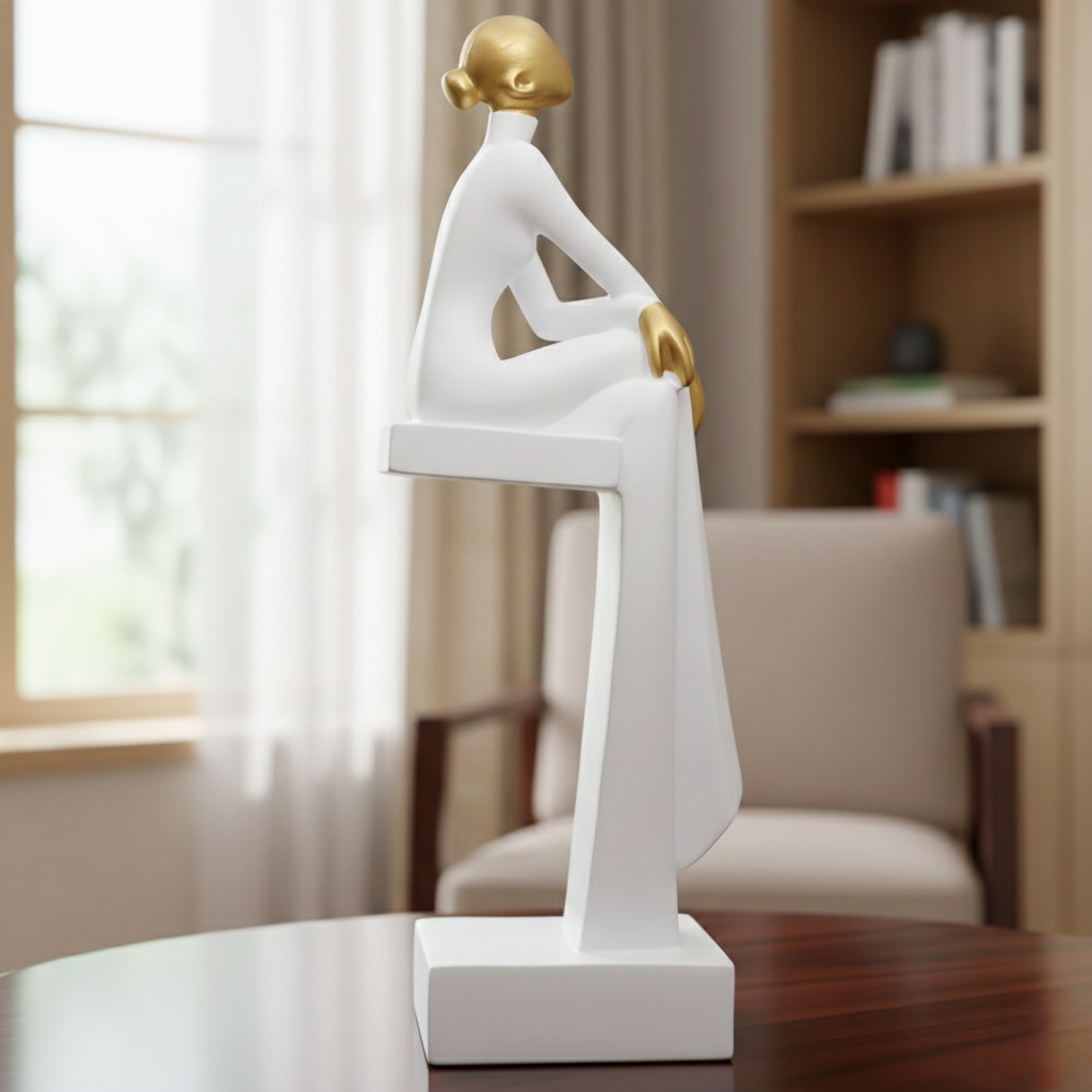 Art resin sculpture of a sitting woman available in black and white for home or office décor.