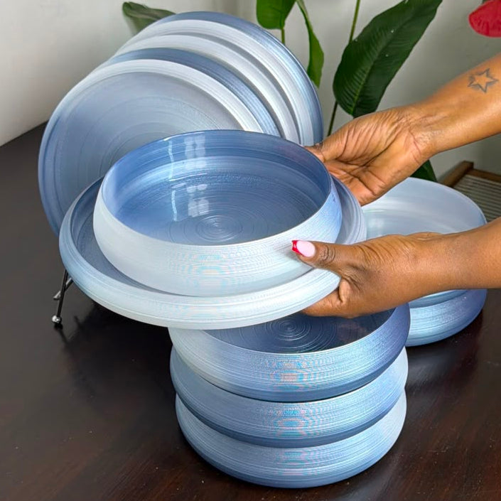 6 piece translucent smoky ombre glass plate set with textured surface and clear to smoky blue colour transition.