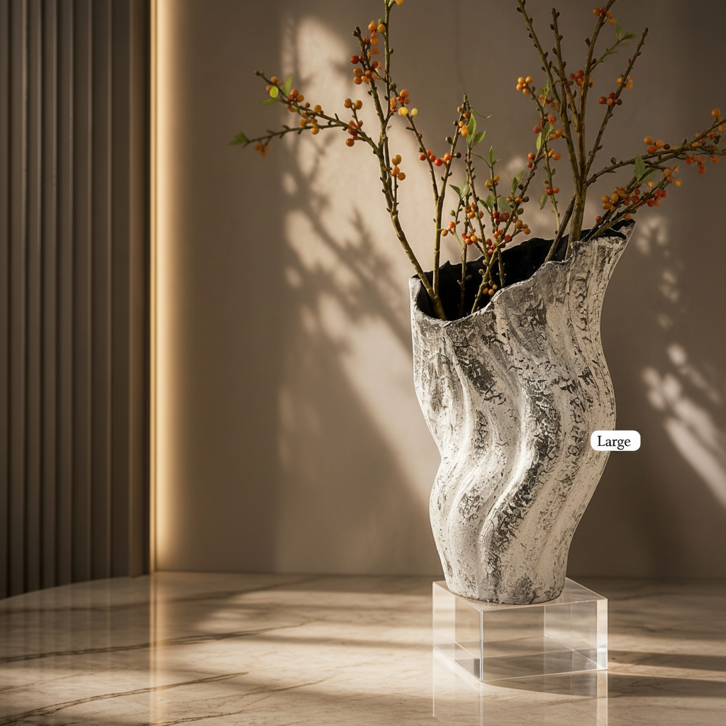 Large shell inspired statement vase displayed as a decorative accent in an interior space.