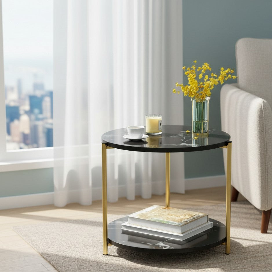 Round Side Coffee Table With Marble Effect