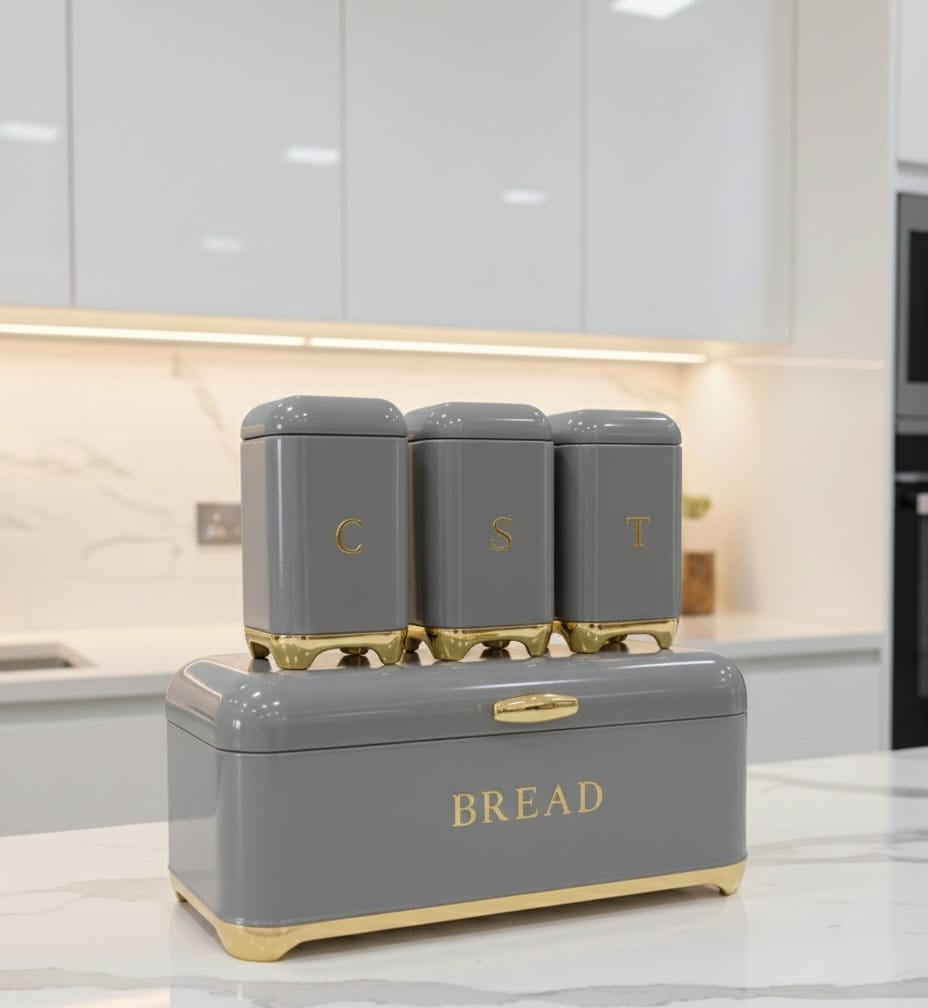 Nordic bread bin with three canister set gold touch kitchen storage organizer set