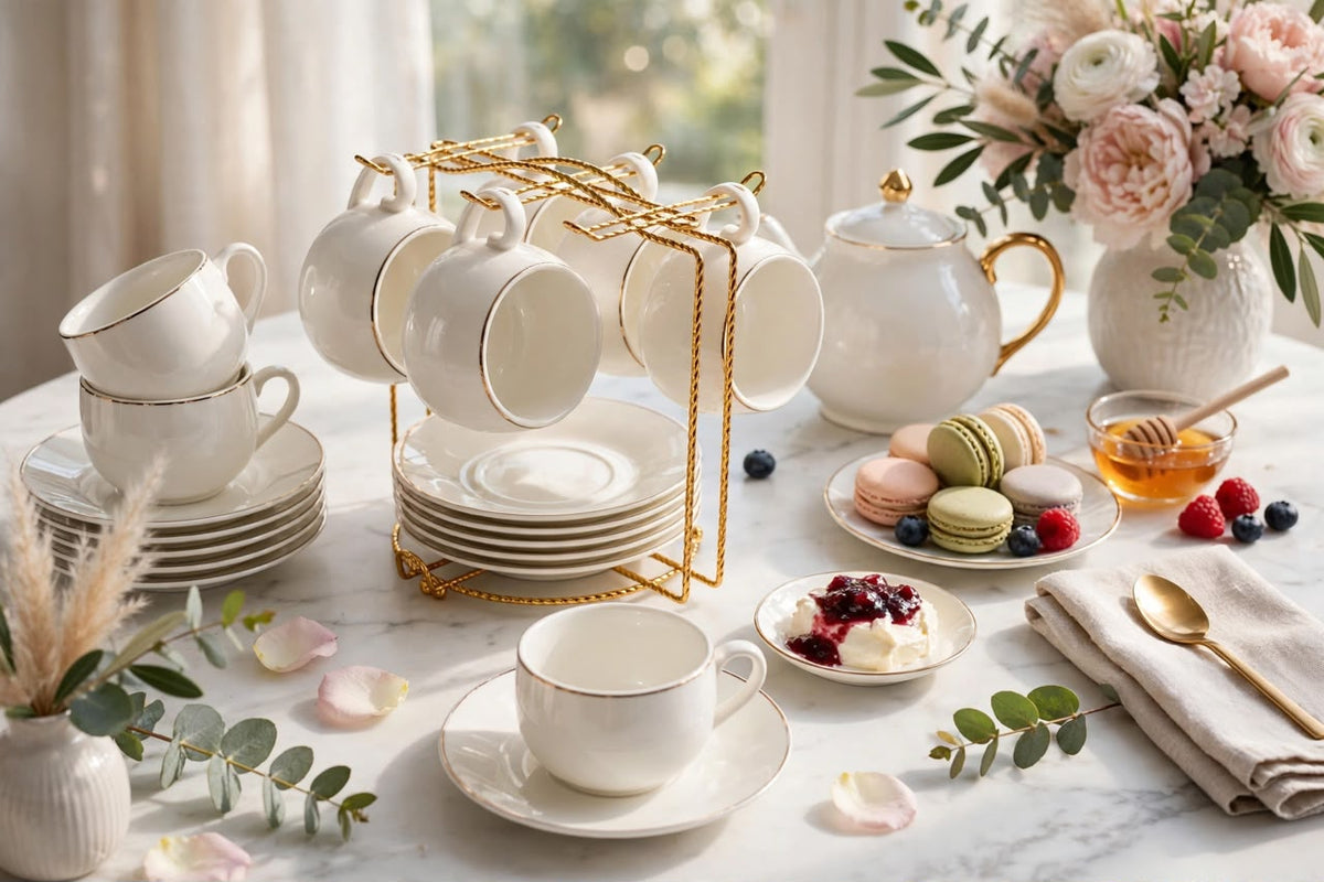 Fine Bone China White and Gold Rim Tea Set with Stand