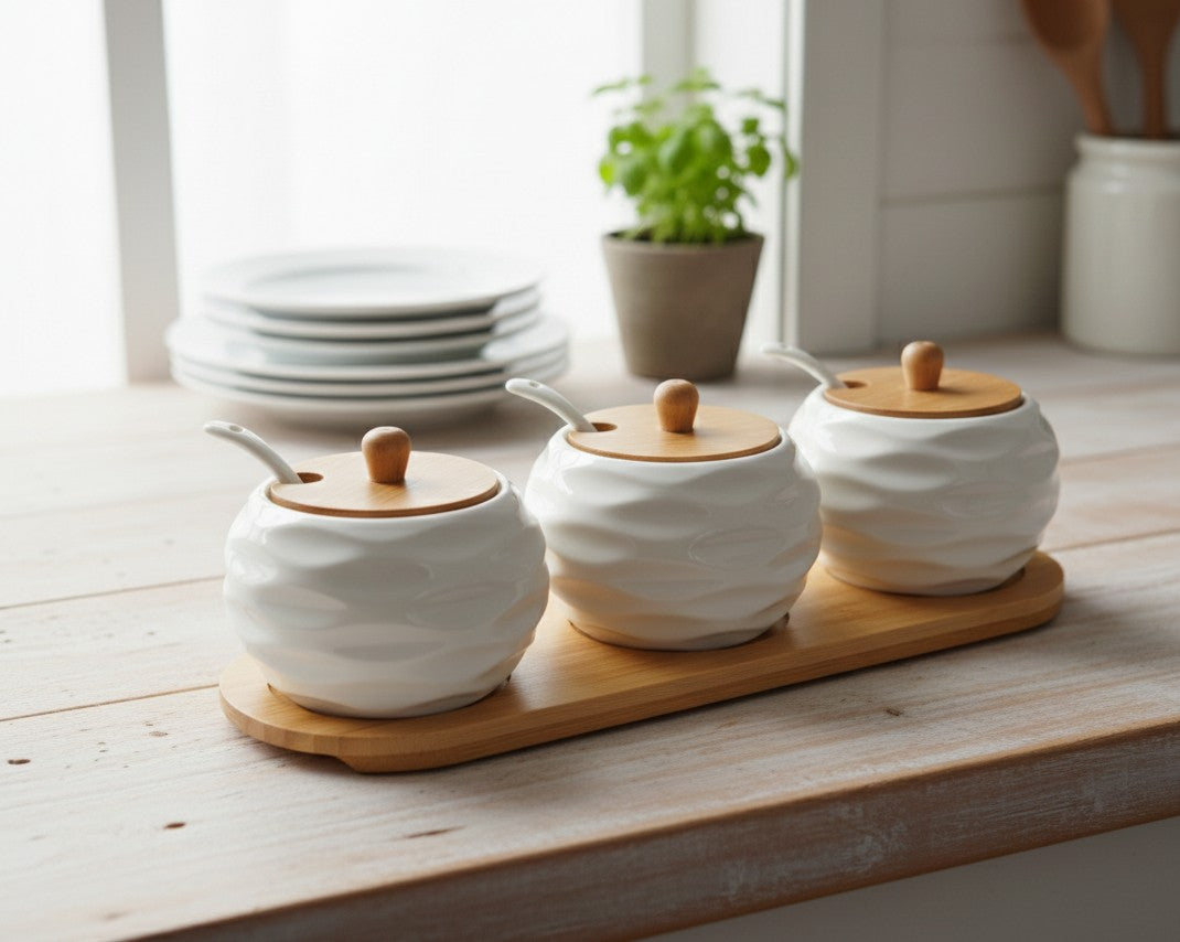 Ceramic 4Pc Canister Set with Bamboo Lids