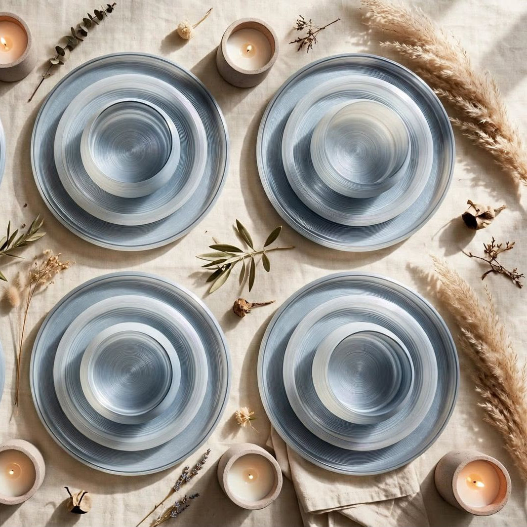 24Pc Frosted Ribbed Glass Dinner Set – Pearlescent Blue Grey