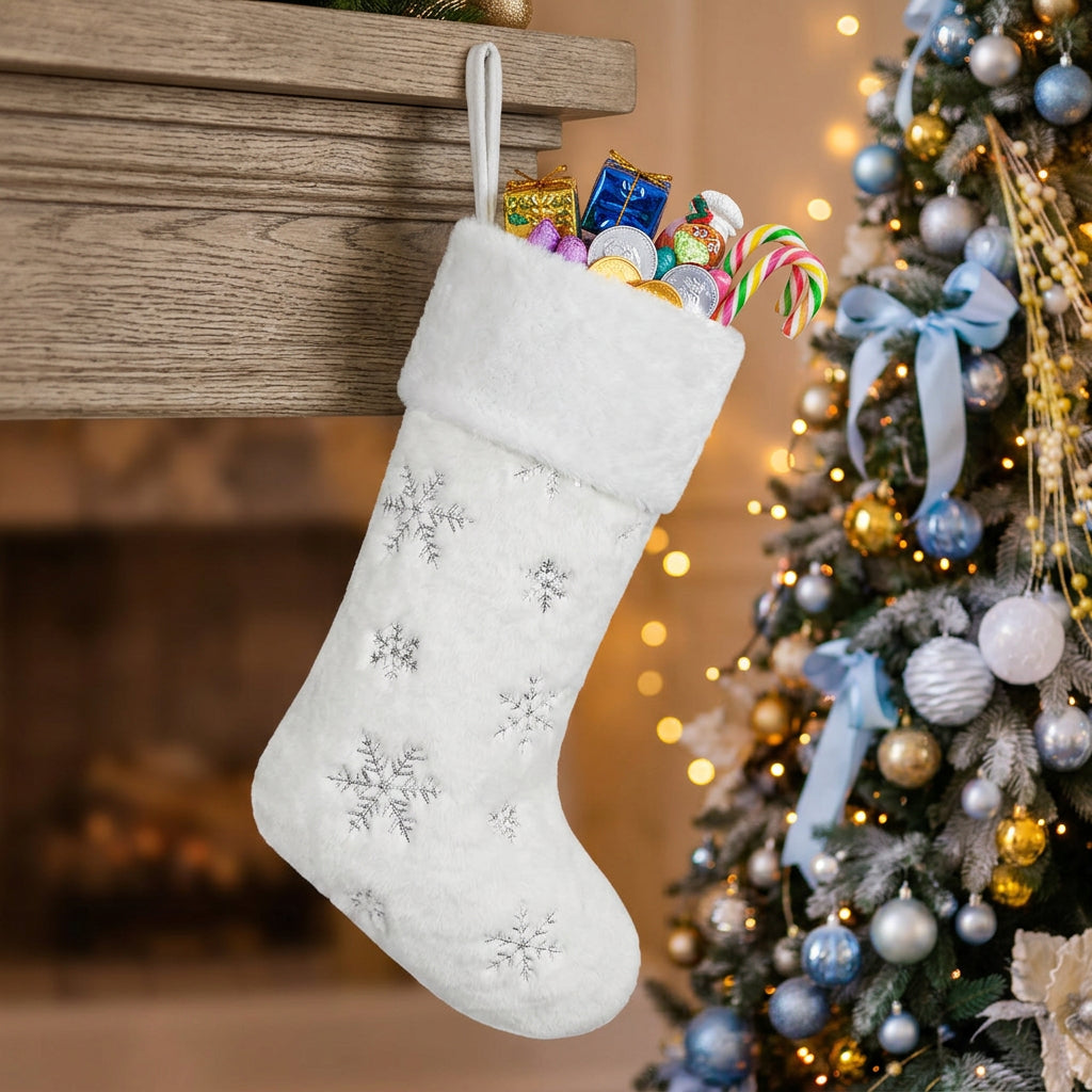 4 Pack White Faux Fur Christmas Stockings with Silver Sequin Snowflakes