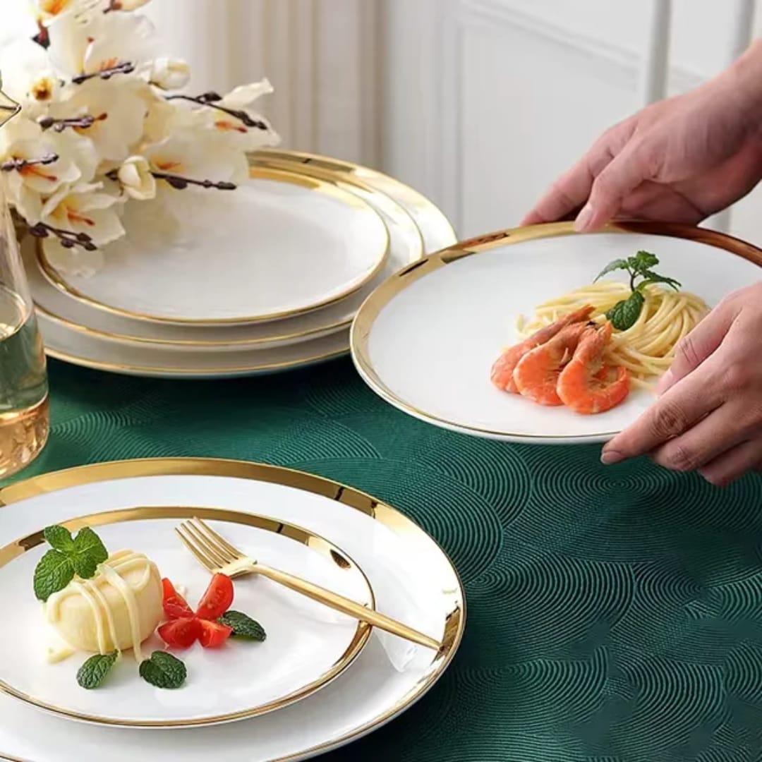 12-piece gold plates set with six dinner plates and six side plates