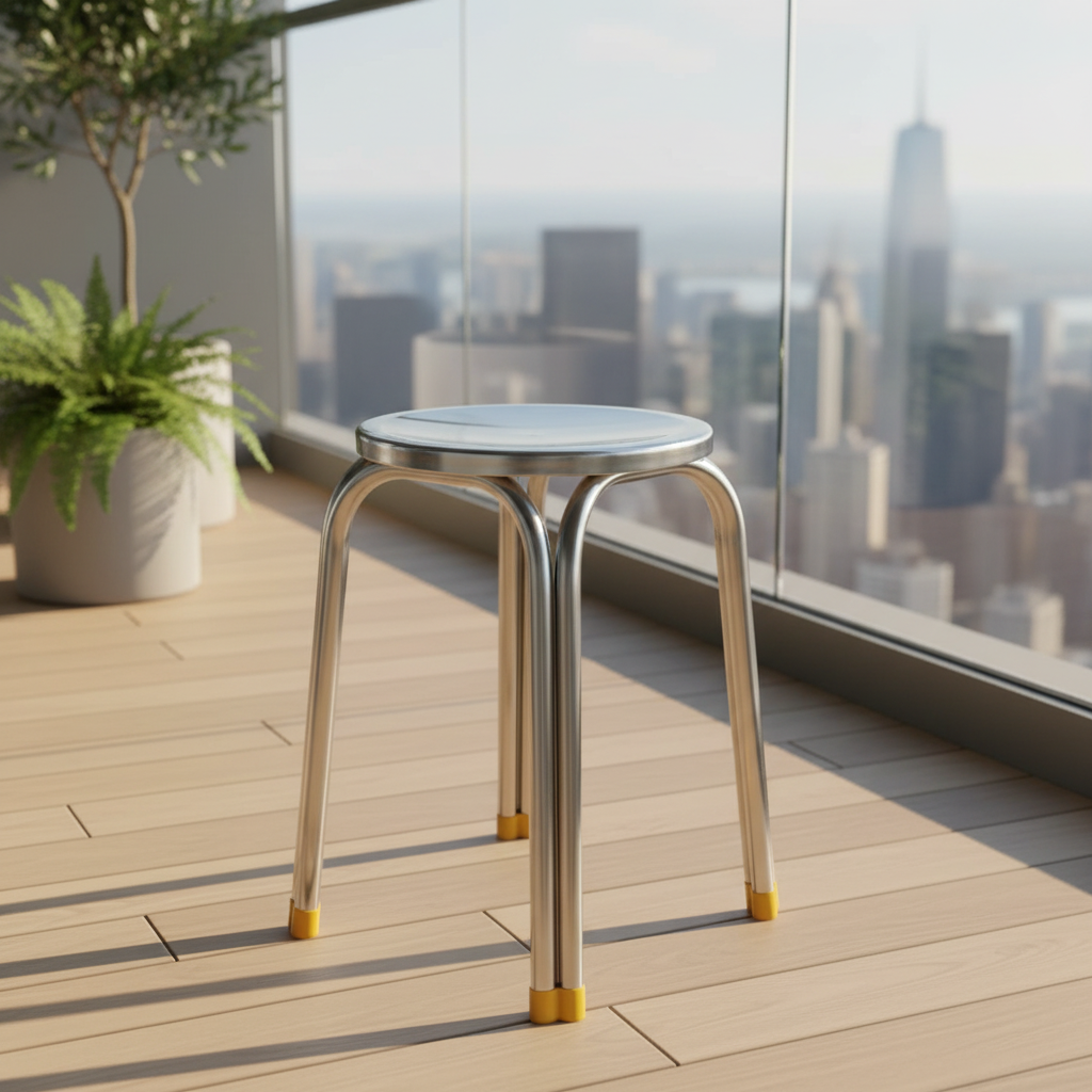 Minimalist stainless steel stool with round seat and sturdy legs designed for kitchen, utility, and household seating use.