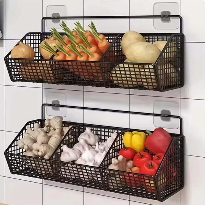 Black wall-mounted mesh kitchen storage basket