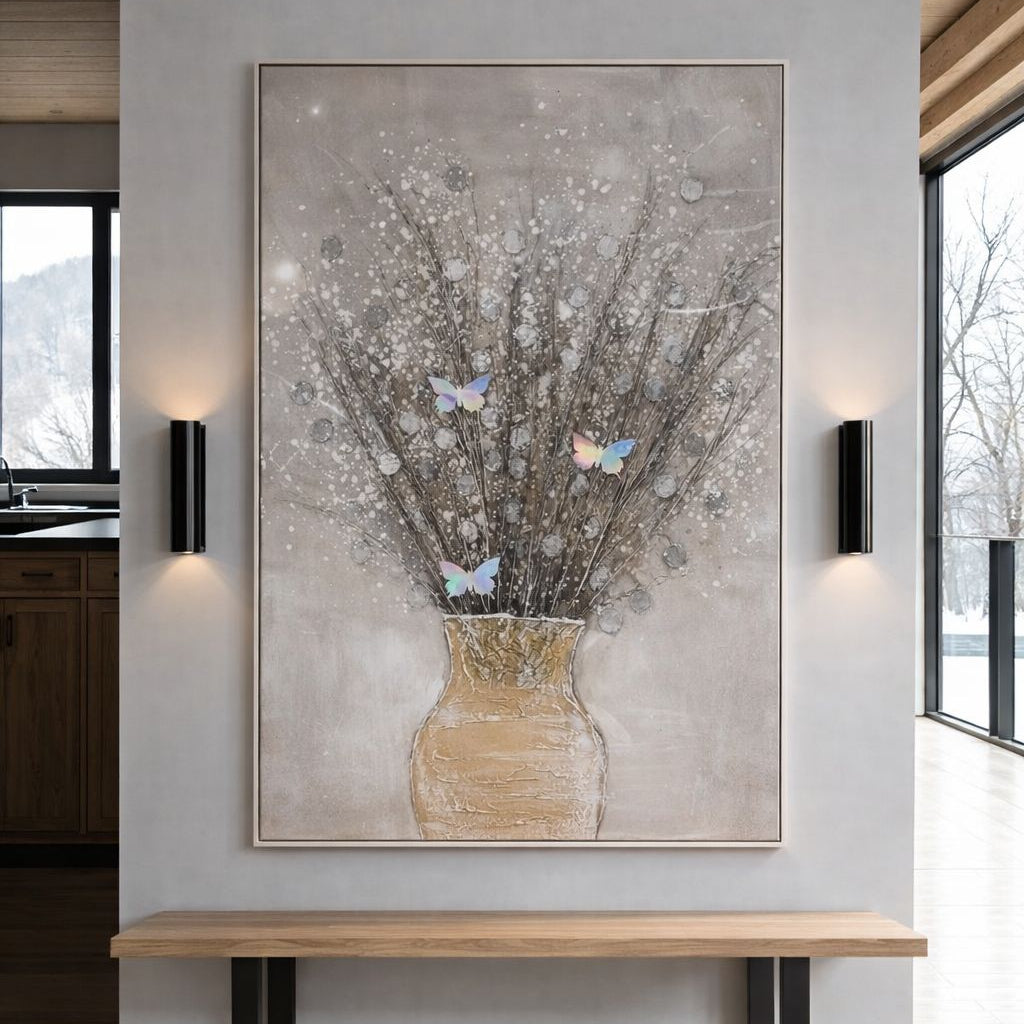Handcrafted vase floral wall art with metallic accents for elegant modern interior décor
