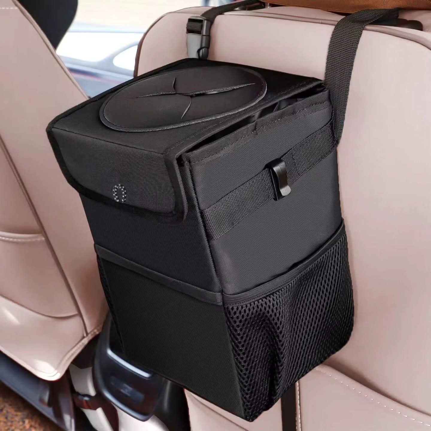 Foldable leakproof car trash can organizer 30x20x20cm, waterproof car storage bin with straps and pockets.