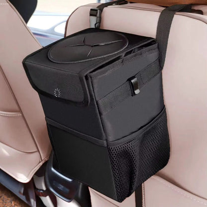 Foldable leakproof car trash can organizer 30x20x20cm, waterproof car storage bin with straps and pockets.