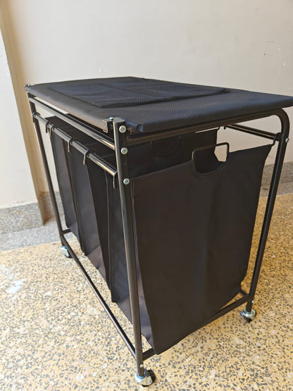 3 Compartment Laundry Basket with Lockable Wheels & Ironing Board