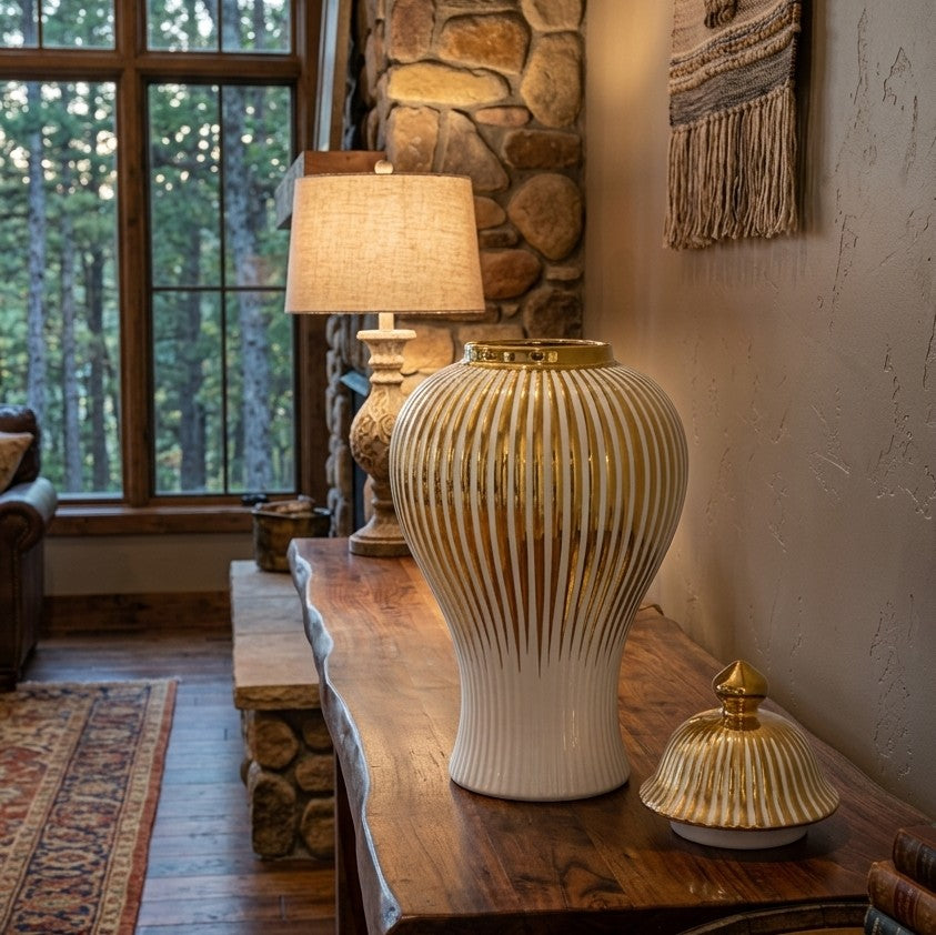 Ceramic Gold Plated White Ginger Vase