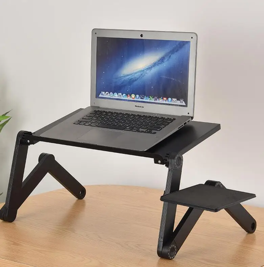 Foldable aluminium laptop stand with adjustable height and built-in cooling fan
