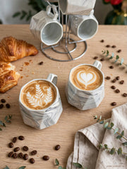 Set of 6 pearl marble octagon mugs with glossy geometric design for minimalist kitchen and dining use.