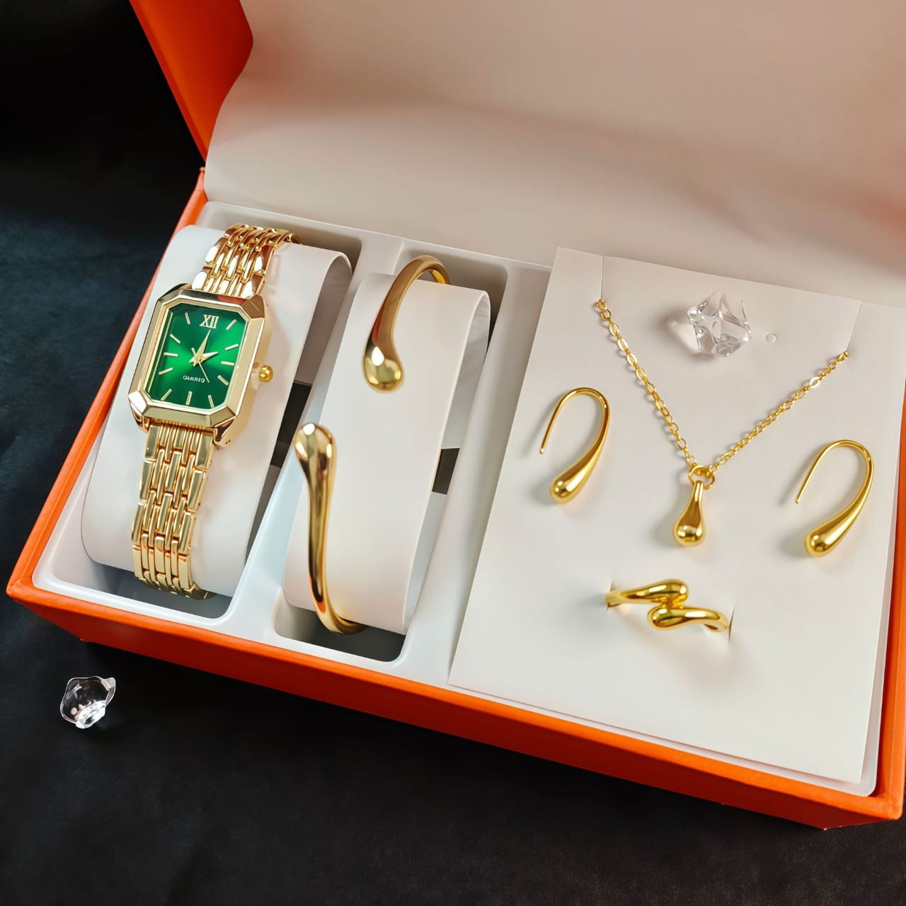 Elegant ladies gift set with watch, necklace, earrings, ring, and bangle in a gift box
