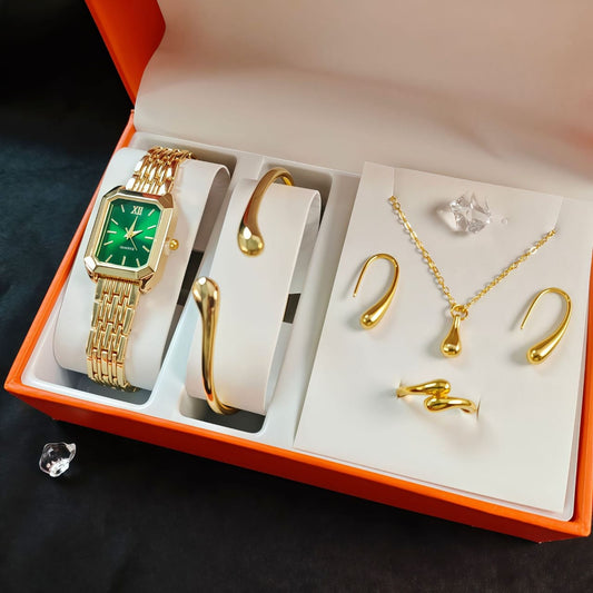 Elegant ladies gift set with watch, necklace, earrings, ring, and bangle in a gift box