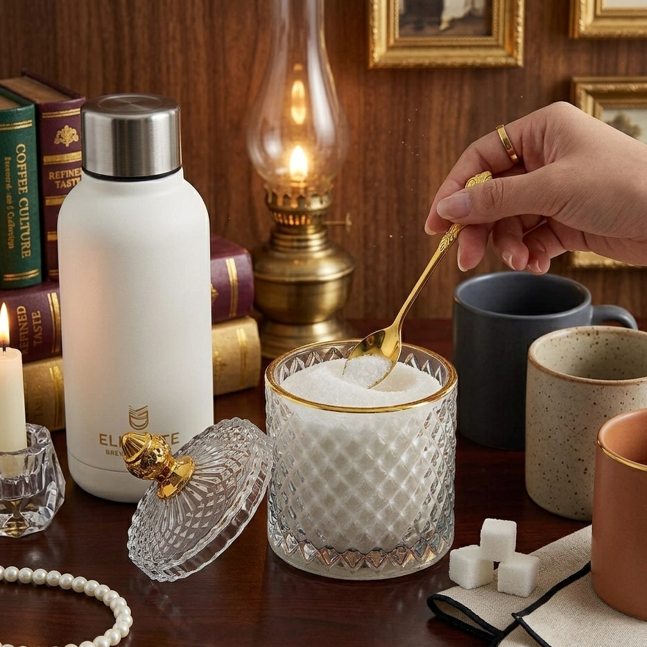 White glass sugar dish with gold touch design and 350ml capacity for elegant table serving