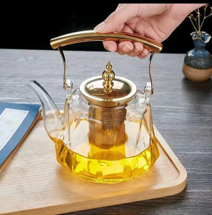 Heat Resistant Glass Teapot With Gold Handle And Strainer