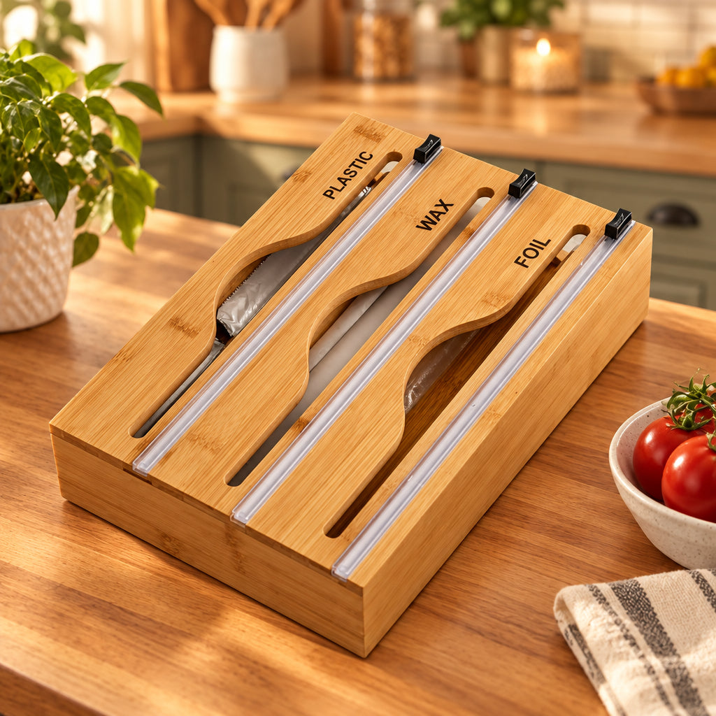 3 layer bamboo kitchen wrap dispenser with built in cutters
