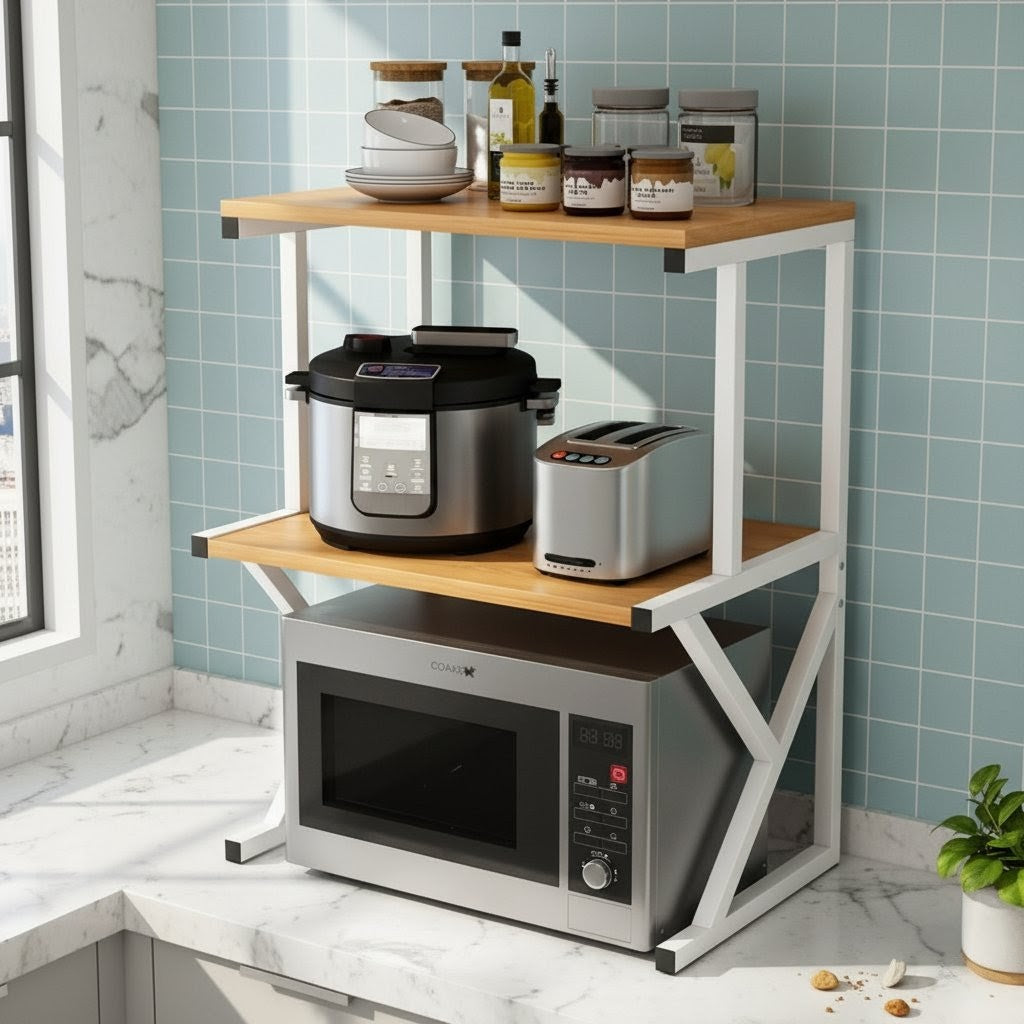 Metal microwave oven rack organizer with shelves