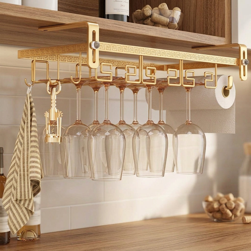 Golden Metallic Under Cabinet Wine Glass Holder with Integrated Towel and Tissue Holder for Kitchen and Bar Organisation available in Nairobi, Kenya