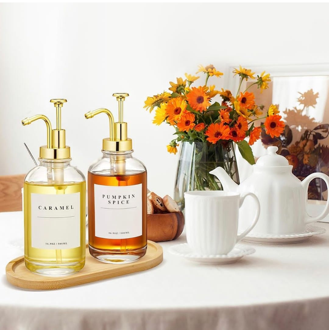 2Pcs Syrup Dispenser With Bamboo Tray