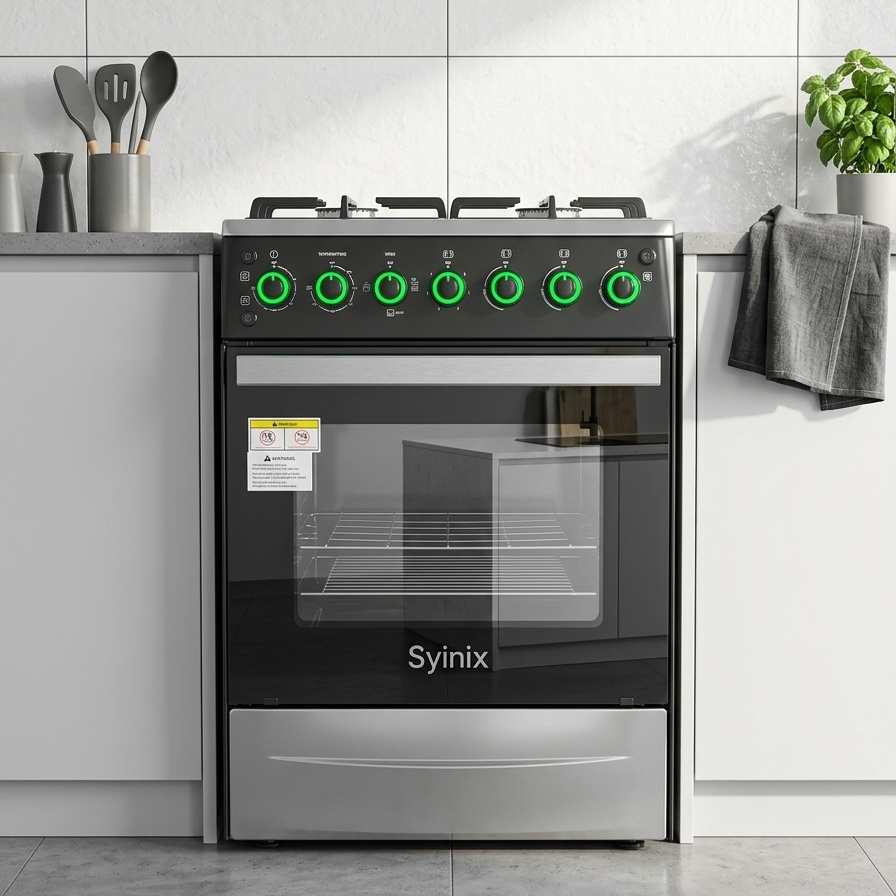 Syinix 3+1 cooker 60x60 with oven, turbo fan, rotisserie and gas burners for modern kitchen cooking.