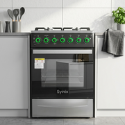 Syinix 3+1 cooker 60x60 with oven, turbo fan, rotisserie and gas burners for modern kitchen cooking.