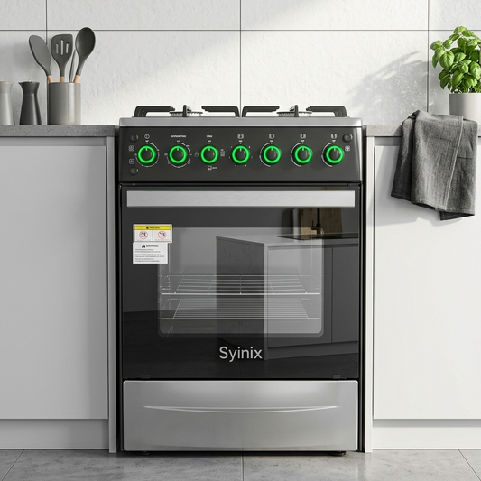 Syinix 3+1 cooker 60x60 with oven, turbo fan, rotisserie and gas burners for modern kitchen cooking.