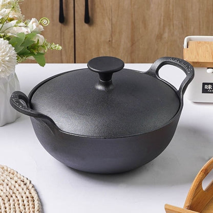 30cm Pre-seasoned cast iron flat bottom wok with lid and double handles