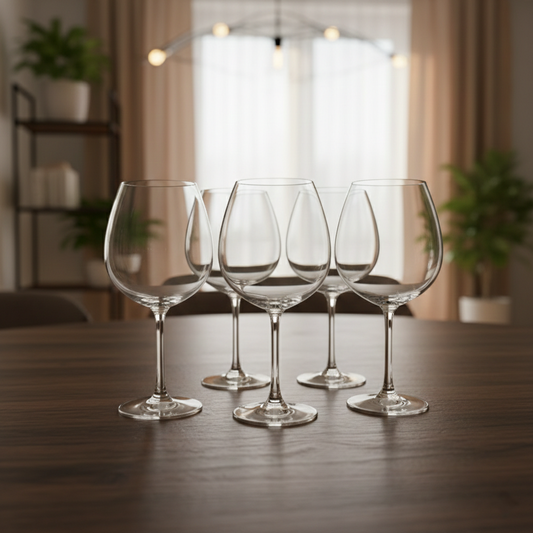 Set of six balloon wine glasses with large bowls and slender stems