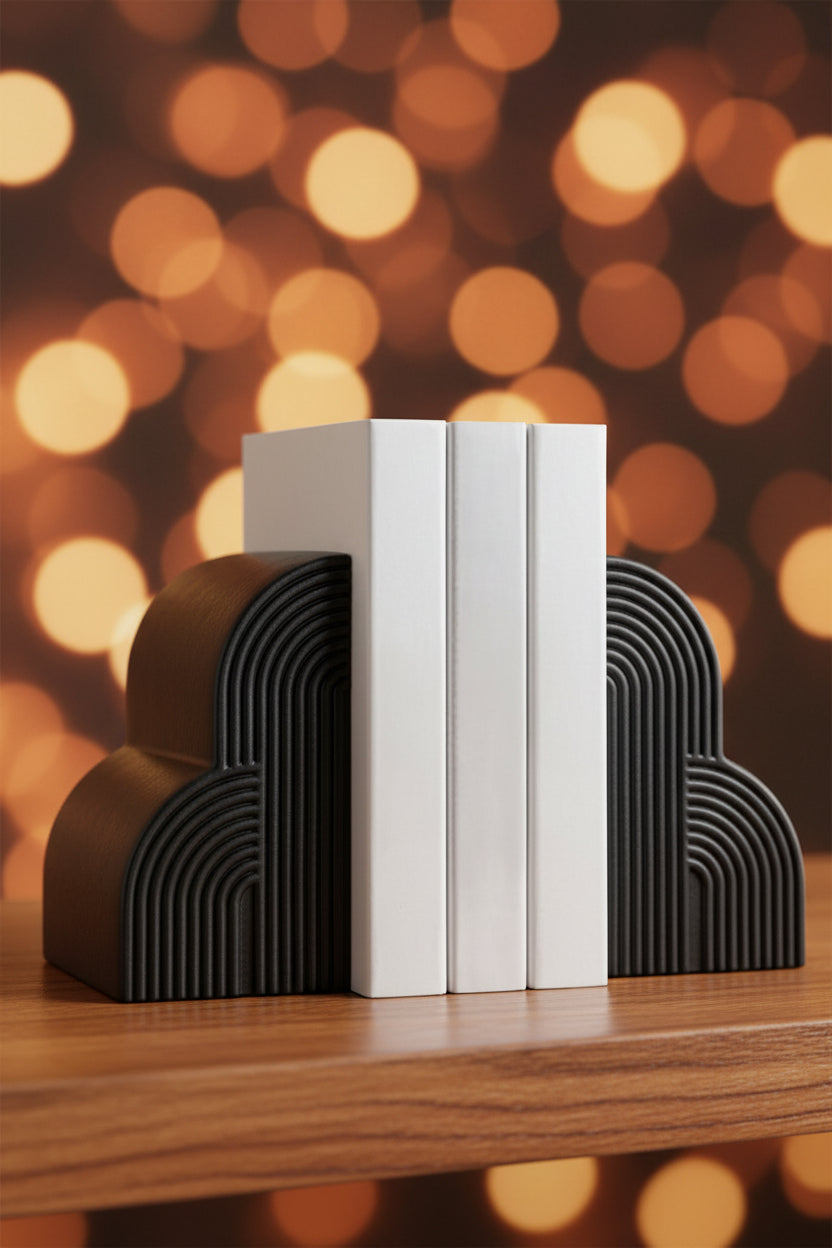 Matte black curved arch decorative bookend set for modern shelf and desk organization